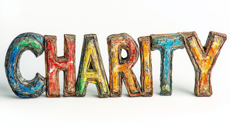 Charity Donation Boxes Vibrant, Textured Charity Word, Philanthropy Concept, Isolated on Whiteの素材