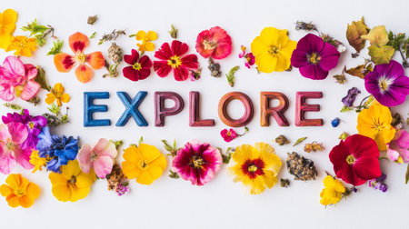 Vibrant EXPLORE Word Art with Colorful Spring Flowers Arrangement on White Background, Flat Layの素材