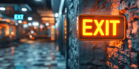 Vivid Neon Exit Sign Illuminating the Way Out of a Blurred Empty Public building at Nightの素材