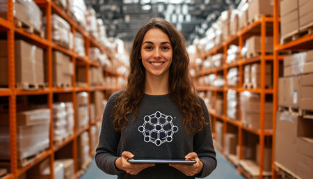 Smiling Warehouse Worker With Digital Tablet, Inventory Management, Logistics, Supply Chainの素材