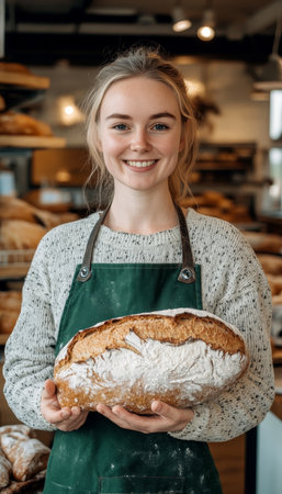 Artisan Baker s Pride Young Woman Holds Freshly Baked Bread in Rustic Bakery, Close Upの素材