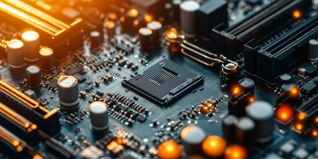 AI Processor Chip On Modern Motherboard With Glowing Lights, Futuristic Technology Concept.の素材