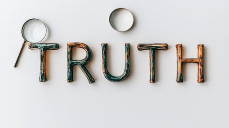 The word TRUTH spelled out with textured and colorful wooden letters on a white background.の素材