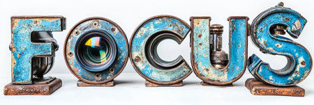 Rusty Metal Letters Spelling Focus With Lenses And Industrial Parts, On White Backgroundの素材