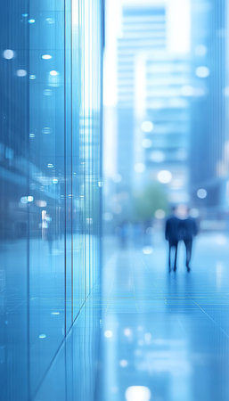 Modern Glass Wall in Business Office, Blurred People in Casual Wear, Bokeh Backgroundの素材