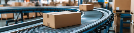 Cardboard Boxes Moving On Conveyor Belt In Distribution Warehouse, Fulfillment Center, Or Factoryの素材
