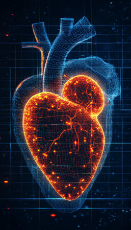 Stylized Vector Art Digital Heart Monitor On Blue Grid With Glowing Red Heart, Futuristicの素材