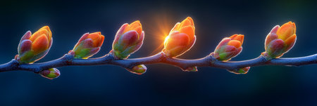 Budding Orange Flowers on a Branch Against a Bright Backlight, Glowing, Delicate Natural Beauty.の素材