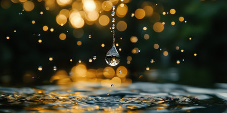 Single Water Droplet Hanging, Reflecting Golden Bokeh Lights, Close Up, Macro Photography.の素材