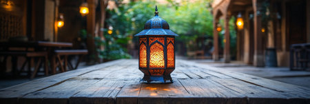 Traditional Lantern on Wooden Table, Blurred Restaurant Background, Ramadan Celebrationの素材