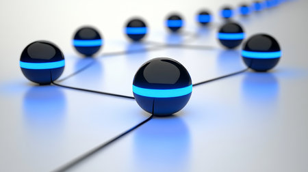 Network of Glowing Blue Orbs with Radiant Lines on White, Technology, Connection concept.の素材