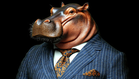 Anthropomorphic Hippo in Formalwear, Animal Human Hybrid Concept, Striking Image on Blackの素材