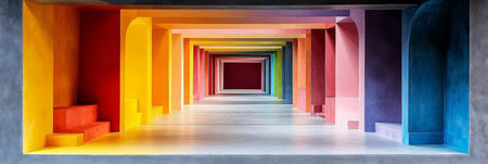 Colorful Corridor A Vibrant Perspective of Architectural Colors, Light, and Geometric Shapesの素材