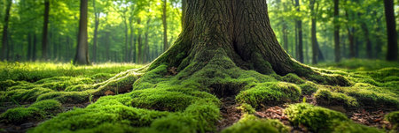 Majestic Ancient Tree with Lush Green Moss in a Sun-Dappled Forest, Natural Backgroundの素材
