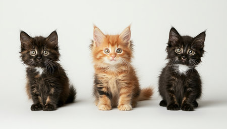 Trio of Fluffy Kittens, Two Black and One Ginger Tabby, Sitting on a White Backgroundの素材