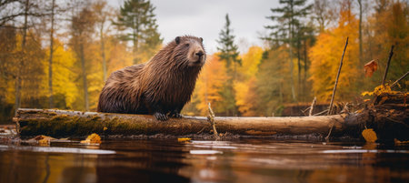 Wild Beaver Taking a Moment on a Fallen Log, basking in Autumn s Warmth by the River s Edgeの素材
