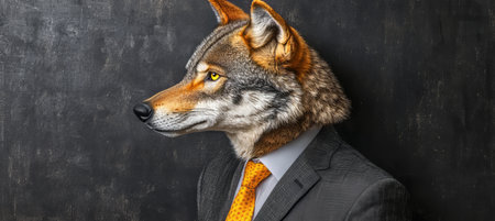 Side Profile of Anthropomorphic Coyote in Suit , Animal Human Portrait with Dark Backgroundの素材