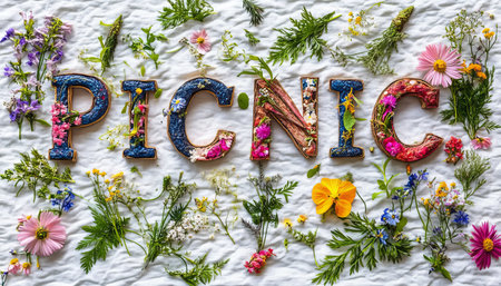 Summer Picnic Word Art Made from Vibrant Wildflowers, Herbs, and Leaves on White Linen Backgroundの素材