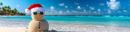 Sand Snowman in Santa Hat on Tropical Beach, Christmas Vacation Vibes, Turquoise Ocean Backdropの素材