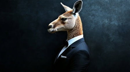 Anthropomorphic Kangaroo in Suit, Elegant Portrait on Dark Background, Animal Human Blendの素材