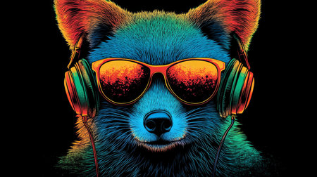 Neon Party Animal Colorful Fox DJ with Headphones and Sunglasses on Black Backgroundの素材