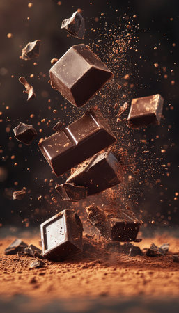Explosion of Dark Chocolate Bars, Chunks, and Powder on a Rich Brown Background, Delicious Food Artの素材