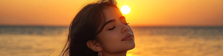 Woman Finds Serenity at Sunset Profile Portrait, Golden Hour Bliss, Detailed Skin Textureの素材