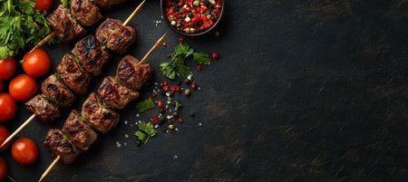 Delicious Grilled Beef Shish Kebab Skewers With Spices And Tomatoes on Dark Background, Top View.の素材