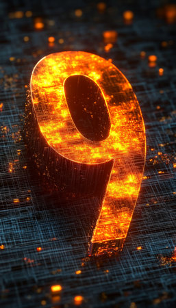 Fiery Number Nine, Blazing Digit on Glowing, Digital Background. Abstract Illustration.の素材