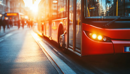 Red City Bus in Motion on a Sunny Street, Public Transportation, Architectural Photographyの素材