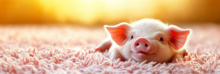 Adorable Piglet Relaxing on Soft Pink Blanket, Perfect for Animal, Livestock, and Pet Themesの素材