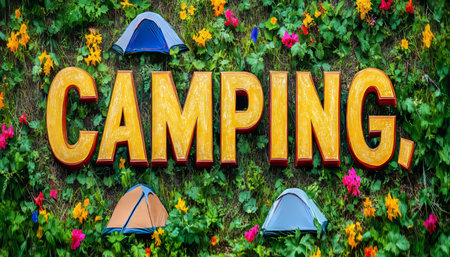 Camping Word Art With Miniature Tents Nestled in a Vibrant Field of Flowers, Studio Shotの素材