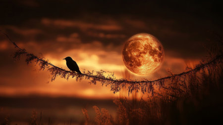 Solitary Bird Silhouette on a Branch with a Dramatic Orange Full Moon and Sunset Backgroundの素材