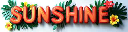 Sunshine Tropical Summer Floral Design, Vibrant 3D Lettering Isolated on White Backgroundの素材