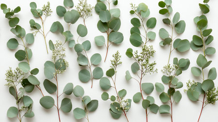 Eucalyptus Branches Arranged in a Repeating Pattern on a White Background, Top View, Copy Space.の素材