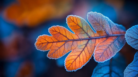 Vibrant Autumn Frost-Covered Oak Leaves with Colorful Bokeh, Stunning Macro Photographyの素材