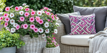 Potted petunias flowers in domestic garden background. Leisure, holidays resort, summer time sceneryの素材