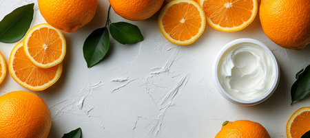 Moisturizer Cream Jar And Citrus Fruits. Organic Beauty Product On White Table, Top View.の素材