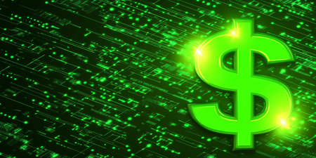 Green Neon Dollar Sign Glowing On Digital Circuit Board, Finance And Technology Conceptの素材