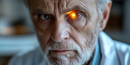 Close-up, Aging Eye Illuminated during an Examination in Doctor Visit with Senior Male Patientの素材
