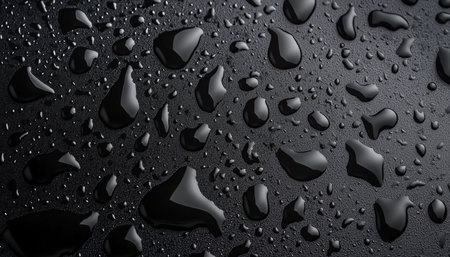 Water Drops on Black Metal Surface, Hydrophobic Coating, Automotive Detailing Detail.の素材