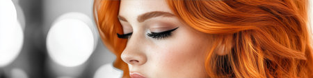 Close-up Of Green-Eyed Model With Freckles And Perfect Skin, Voluminous Red Hair Styleの素材