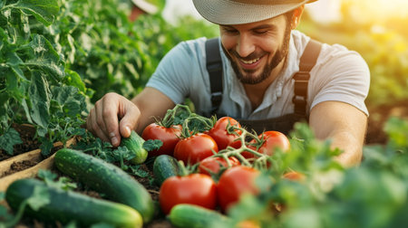 Happy Gardener Tending Lush Vegetable Garden, Abundance of Ripe Tomatoes and Cucumbersの素材