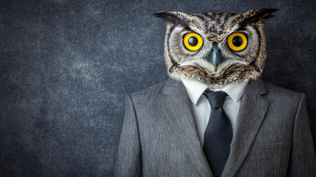 Wise Owl in Formal Business Suit, Humorous Anthropomorphic Portrait on Dark Backgroundの素材