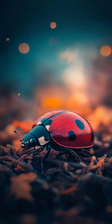 Single Ladybug Explores Delicate Ecosystem, Close-Up of Insect on Textured Backgroundの素材