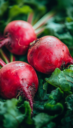 Fresh, Organic Beets Growing in a Garden Bed A Closeup View of Vibrant Red Root Vegetablesの素材