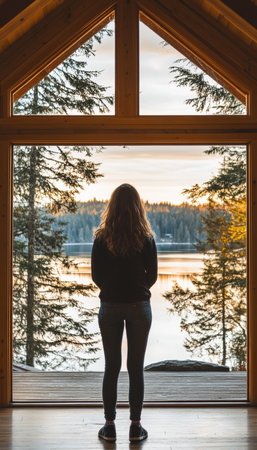 Woman Silhouette, Peaceful Lake Escape Contemplation, Serenity at Golden Hour Retreatの素材