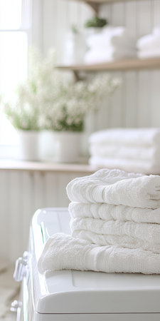 Modern Laundry Room Interior Freshly Laundered Towels on Washing Machine, Natural Lightの素材