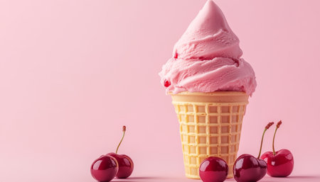 Pink Ice Cream Scoop in Waffle Cone with Fresh Ripe Cherries, Isolated on Soft Pink Backgroundの素材