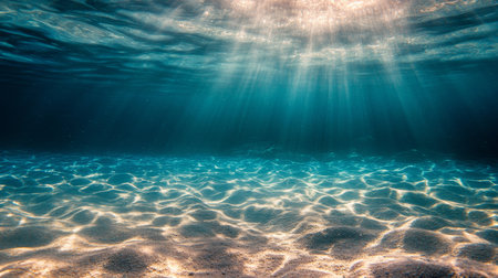 Sunbeams illuminate a sandy seabed, deep ocean scene with crystal clear water and shimmering light.の素材